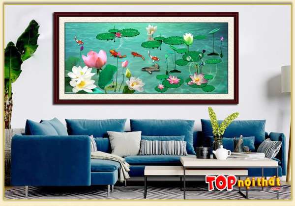 Tranh tráng gương cá chép hoa sen hiện đại trên sofa L TraTop-3199