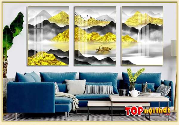 Tranh tráng gương 3D dãy núi vàng ở trên sofa TraTop-3316