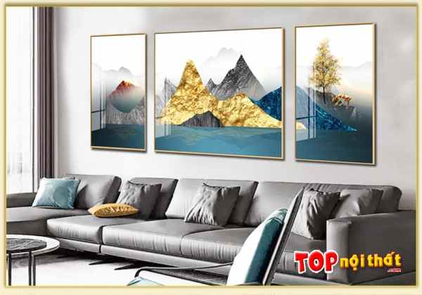 Tranh tráng gương 3D núi vàng 3 tấm treo tường trên sofa TraTop-3322