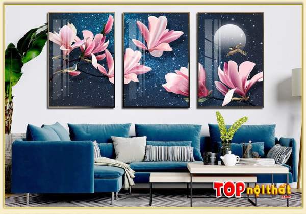 Bộ tranh tráng gương cành hoa đẹp và sofa góc L TraTop-4000