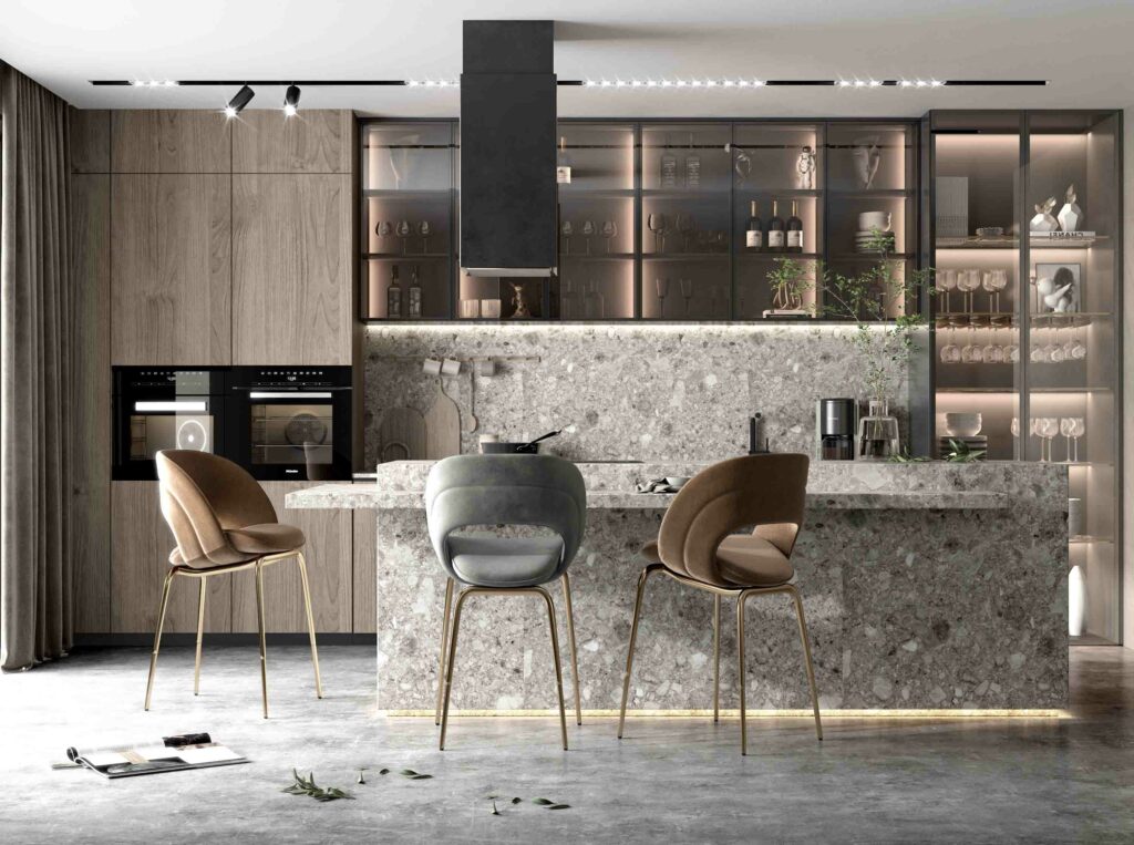 Tủ bếp có bàn đảo ốp đá kết hợp quầy bar và ghế ngồi