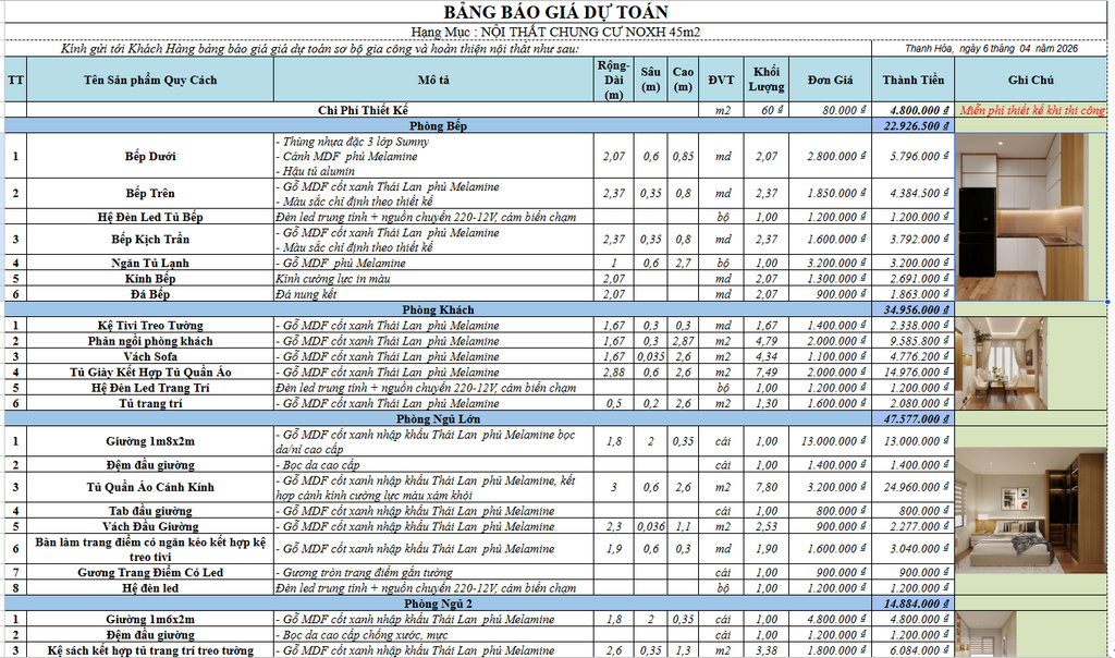 báo giá nội thất chung cư thanh hóa